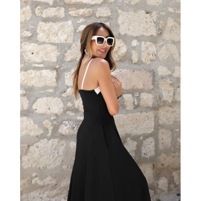 MARSiLYAN- Kadın Ip Askılı V Yakalı çift Renkli Janjan Krep Elbise