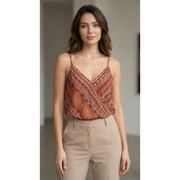 MARSiLYAN- Kadın Ip Askılı V Yakalı Desenli Süprem Bluz