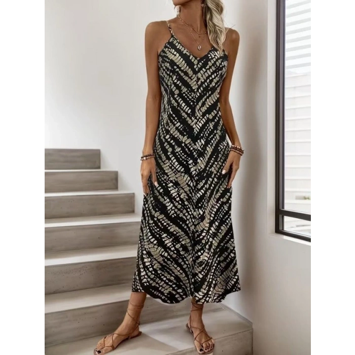 MARSiLYAN- Kadın Ip Askılı V Yakalı Desenli Uzun Süprem Elbise