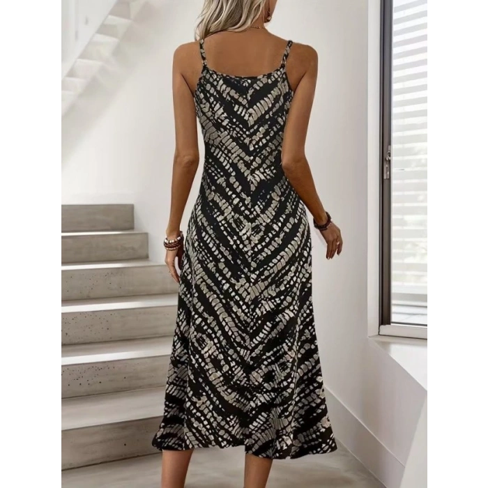 MARSiLYAN- Kadın Ip Askılı V Yakalı Desenli Uzun Süprem Elbise