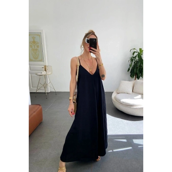 MARSiLYAN- Kadın Ip Askılı V Yakalı Uzun Aerobin Elbise