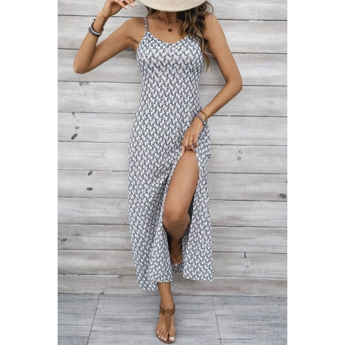 MARSiLYAN- Kadın Ip Askılı V Yakalı Yırtmaçlı Uzun Süprem Elbise