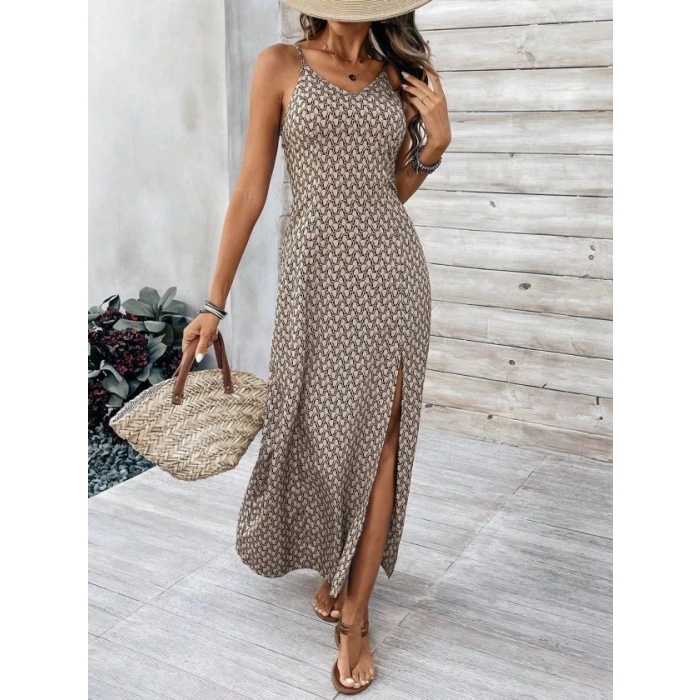 MARSiLYAN- Kadın Ip Askılı V Yakalı Yırtmaçlı Uzun Süprem Elbise