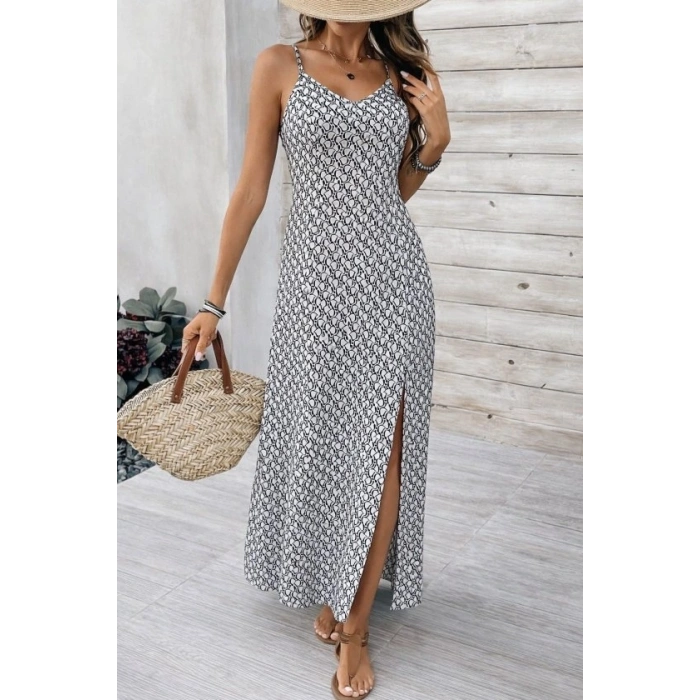 MARSiLYAN- Kadın Ip Askılı V Yakalı Yırtmaçlı Uzun Süprem Elbise