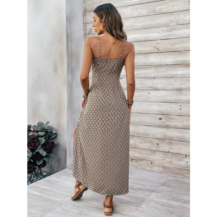 MARSiLYAN- Kadın Ip Askılı V Yakalı Yırtmaçlı Uzun Süprem Elbise