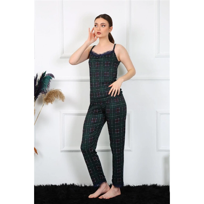 MARSiLYAN- Kadın İp Askılı Yeşil Ekoseli Pijama Takım