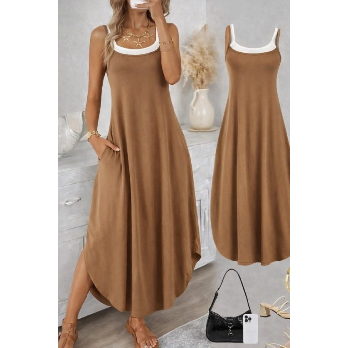 MARSiLYAN- Kadın Ip Askılı Yuvarlak Yakalı Cepli Uzun Viskon Elbise