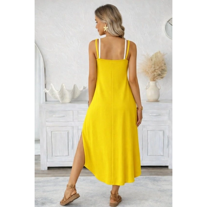 MARSiLYAN- Kadın Ip Askılı Yuvarlak Yakalı Cepli Uzun Viskon Elbise