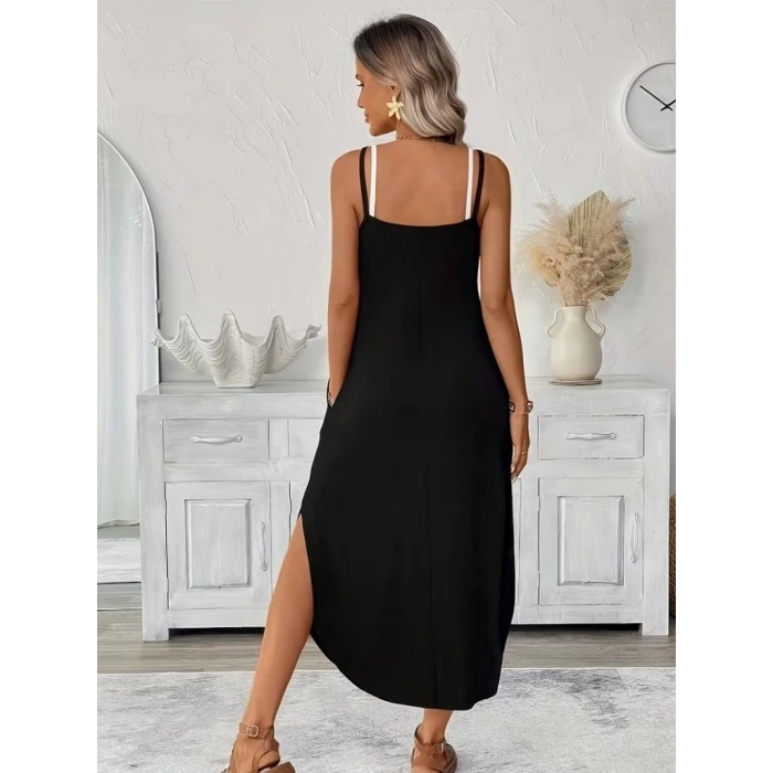 MARSiLYAN- Kadın Ip Askılı Yuvarlak Yakalı Cepli Uzun Viskon Elbise