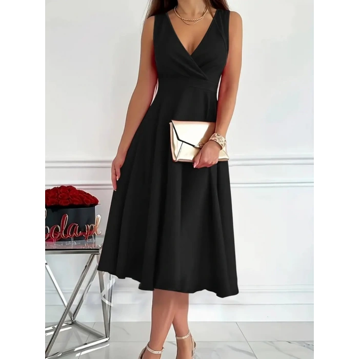 MARSiLYAN- Kadın Ithal Krep Kumaş Kruvaze Yaka Eteği Kloş Kolsuz Mini Elbise