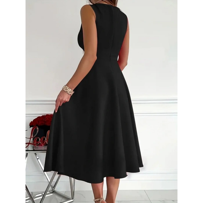 MARSiLYAN- Kadın Ithal Krep Kumaş Kruvaze Yaka Eteği Kloş Kolsuz Mini Elbise