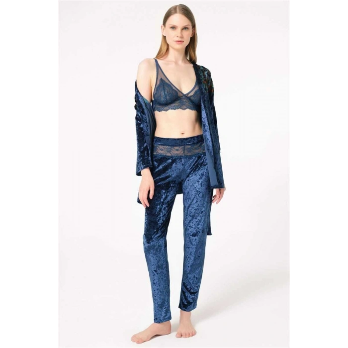 MARSiLYAN- Kadın Kadife Çiçek Baskılı Sabahlık Balensiz Desteksiz Dolgusuz Dantelli Bralet Sütyen ve Pantolon Pijama 3lü Takım (5699)