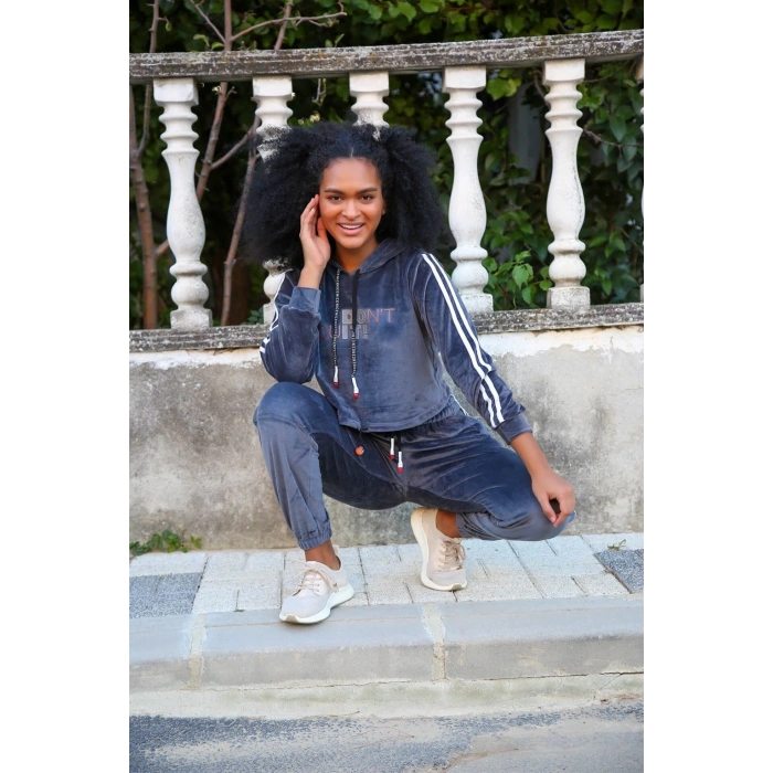 MARSiLYAN- Kadın Kadife Kapşonlu Eşofman Takım Gri