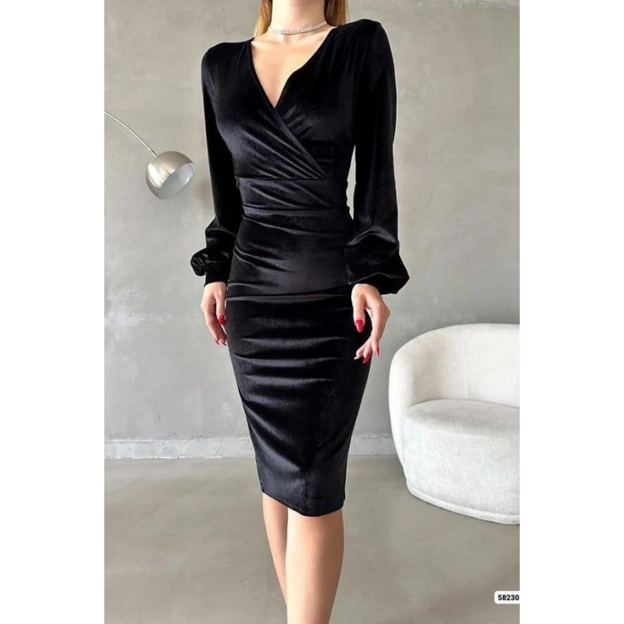 MARSiLYAN- Kadın Kadife Kumaş Kruvaze Yaka Balon Kol Ve Yırtmaç Detaylı Midi Boy Elbise