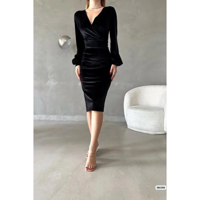 MARSiLYAN- Kadın Kadife Kumaş Kruvaze Yaka Balon Kol Ve Yırtmaç Detaylı Midi Boy Elbise