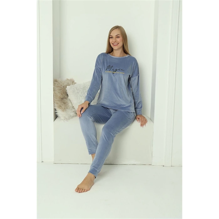 MARSiLYAN- Kadın Kadife Mavi Pijama Takım