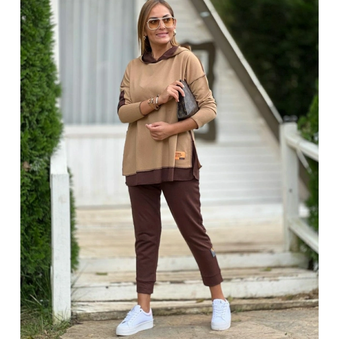MARSiLYAN- Kadın Kahve Kapşonlu Etek Ucu Detay Arma Ters Dikiş Gorunumlu Ikili Takım