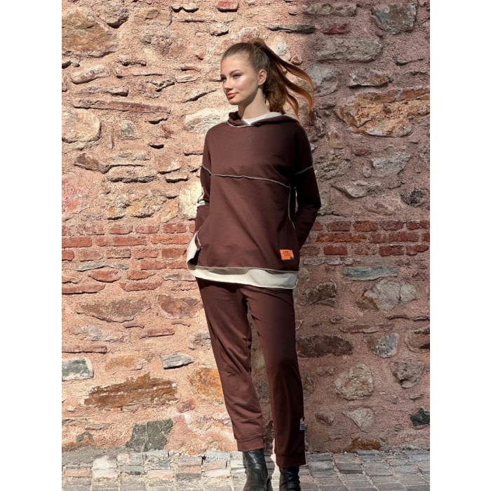 MARSiLYAN- Kadın Kahve Kapşonlu Etek Ucu Detay Arma Ters Dikiş Gorunumlu Ikili Takım