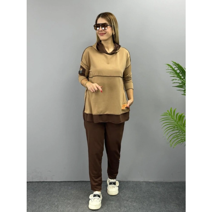 MARSiLYAN- Kadın Kahve Kapşonlu Etek Ucu Detay Arma Ters Dikiş Gorunumlu Ikili Takım