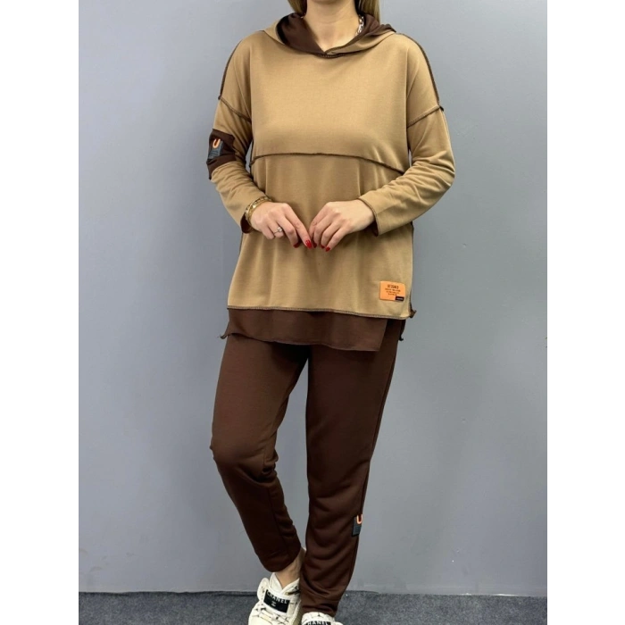 MARSiLYAN- Kadın Kahve Kapşonlu Etek Ucu Detay Arma Ters Dikiş Gorunumlu Ikili Takım