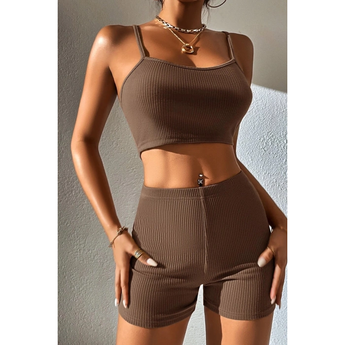 MARSiLYAN- Kadın Kahverengi Şortlu Kaşkorse Gecelik Takım