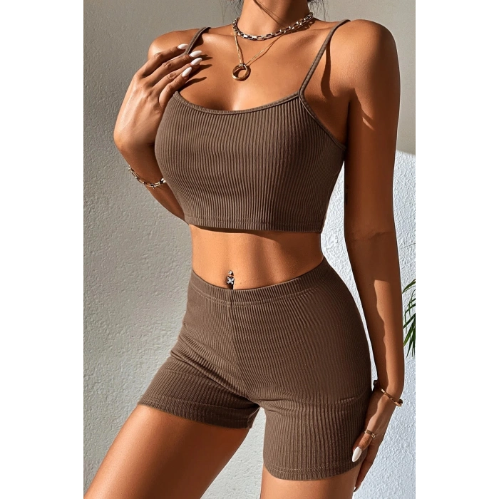 MARSiLYAN- Kadın Kahverengi Şortlu Kaşkorse Gecelik Takım