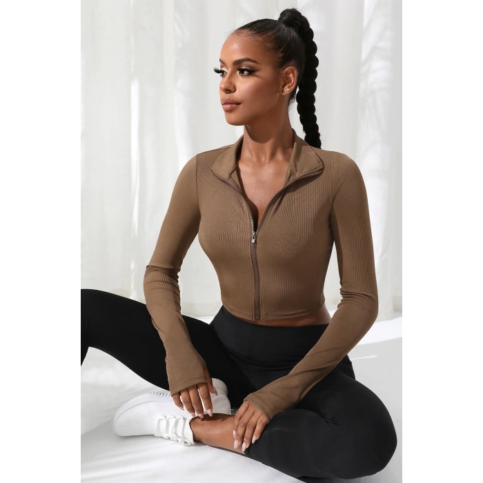 MARSiLYAN- Kadın Kahverengi Uzun Kol Fermuarlı Parmak Geçme Detaylı Dik Yaka Crop Top Bluz