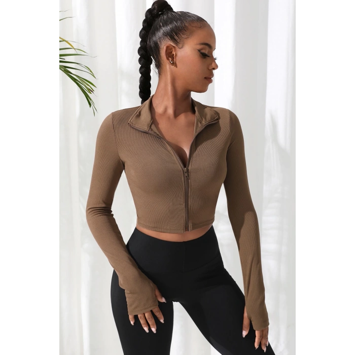 MARSiLYAN- Kadın Kahverengi Uzun Kol Fermuarlı Parmak Geçme Detaylı Dik Yaka Crop Top Bluz