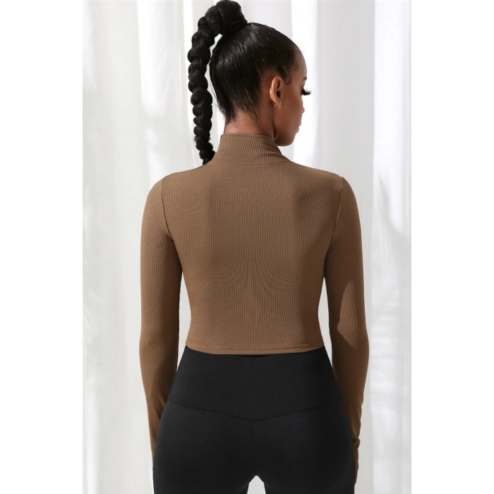 MARSiLYAN- Kadın Kahverengi Uzun Kol Fermuarlı Parmak Geçme Detaylı Dik Yaka Crop Top Bluz