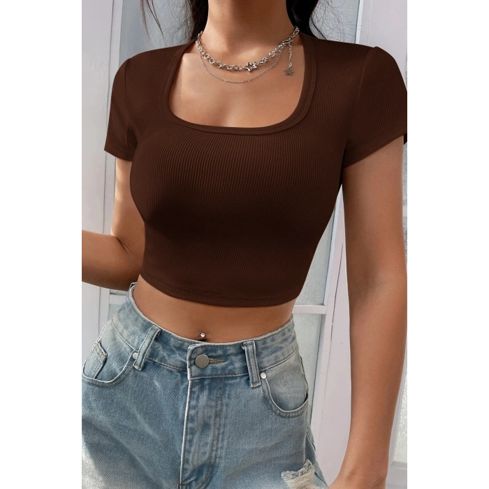 MARSiLYAN- Kadın Kahverengi Yarım Kol Düz Yaka Crop Top Bluz