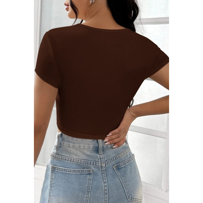 MARSiLYAN- Kadın Kahverengi Yarım Kol Düz Yaka Crop Top Bluz