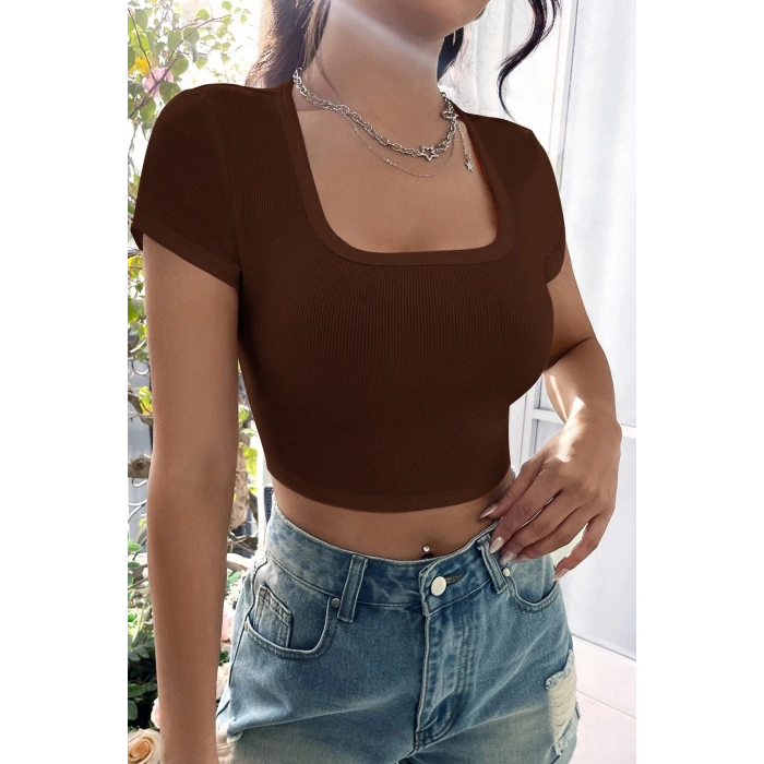 MARSiLYAN- Kadın Kahverengi Yarım Kol Düz Yaka Crop Top Bluz