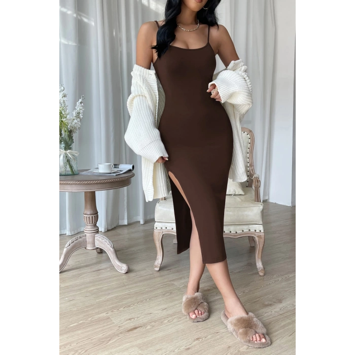 MARSiLYAN- Kadın Kahverengi Yırtmaçlı Diz Altı Vücüdu Saran Gecelik