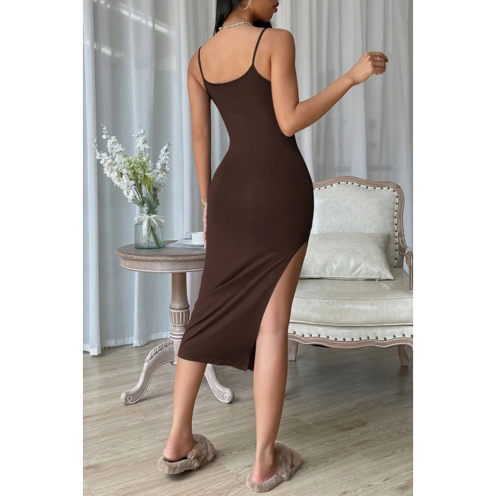 MARSiLYAN- Kadın Kahverengi Yırtmaçlı Diz Altı Vücüdu Saran Gecelik