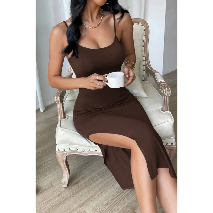 MARSiLYAN- Kadın Kahverengi Yırtmaçlı Diz Altı Vücüdu Saran Gecelik