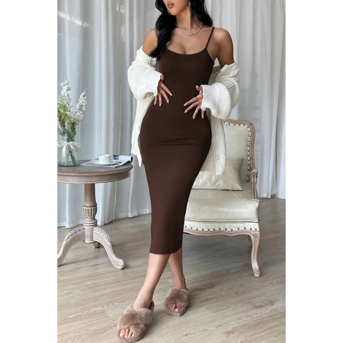 MARSiLYAN- Kadın Kahverengi Yırtmaçlı Diz Altı Vücüdu Saran Gecelik