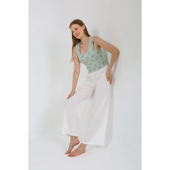 MARSiLYAN- Kadın Kalın Askılı Body Bol Paça Pantolon 2`li Takım Beyaz