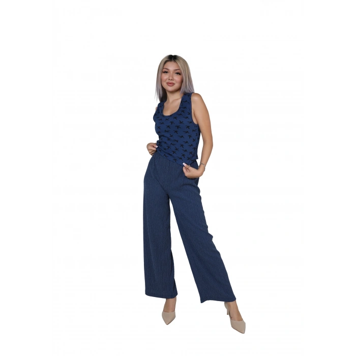 MARSiLYAN- Kadın Kalın Askılı Body Bol Paça Pantolon 2`li Takım Lacivert