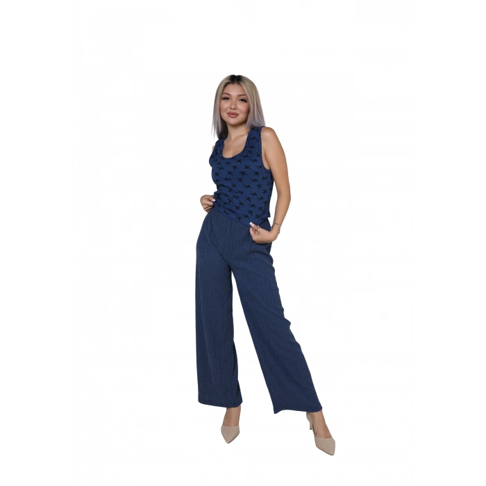 MARSiLYAN- Kadın Kalın Askılı Body Bol Paça Pantolon 2`li Takım Lacivert