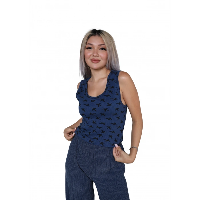 MARSiLYAN- Kadın Kalın Askılı Body Bol Paça Pantolon 2`li Takım Lacivert