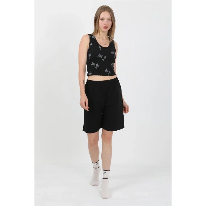 MARSiLYAN- Kadın Kalın Askılı Pamuk Penye Şortlu Crop Takım Siyah