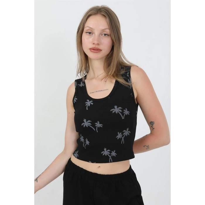 MARSiLYAN- Kadın Kalın Askılı Pamuk Penye Şortlu Crop Takım Siyah