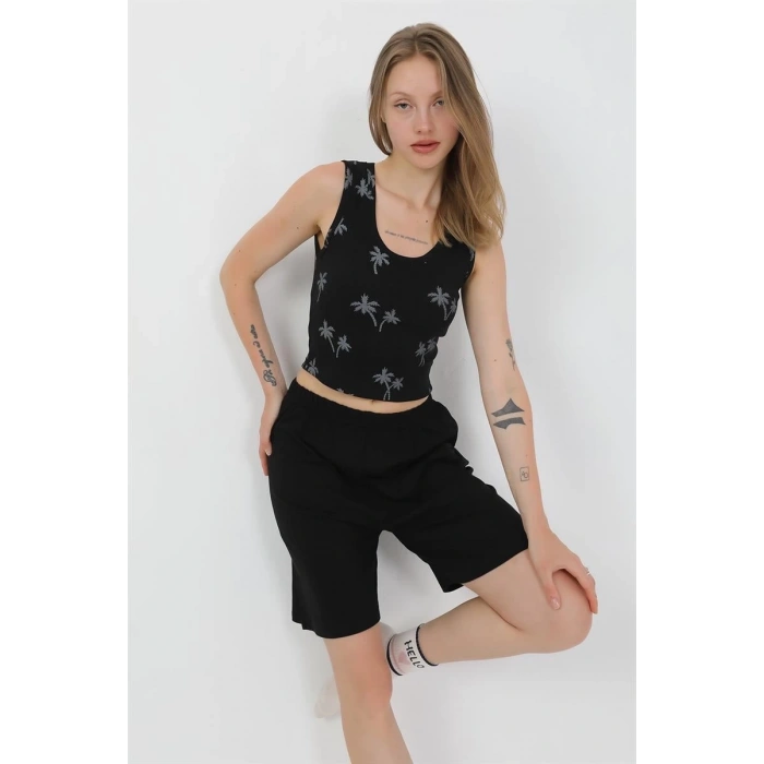 MARSiLYAN- Kadın Kalın Askılı Pamuk Penye Şortlu Crop Takım Siyah