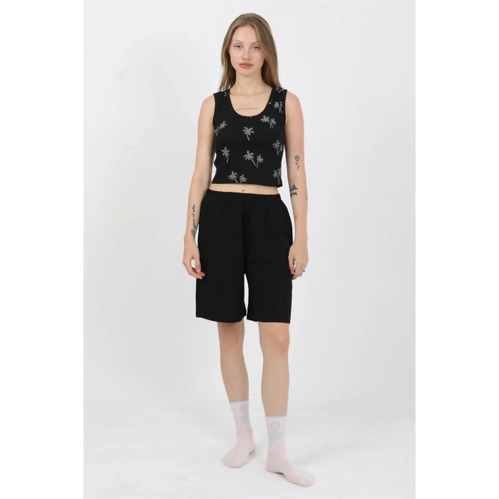 MARSiLYAN- Kadın Kalın Askılı Pamuk Penye Şortlu Crop Takım Siyah