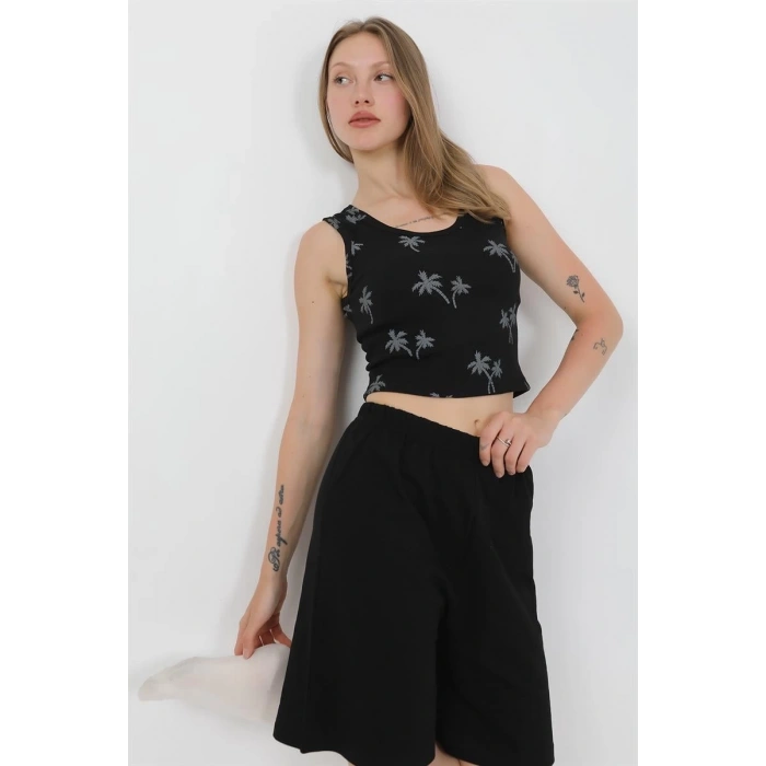 MARSiLYAN- Kadın Kalın Askılı Pamuk Penye Şortlu Crop Takım Siyah