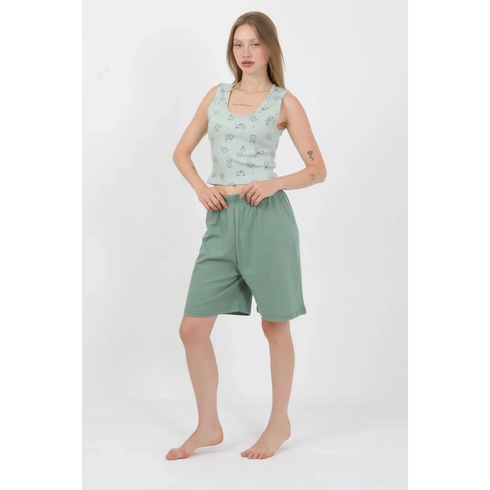 MARSiLYAN- Kadın Kalın Askılı Pamuk Penye Şortlu Crop Takım SuYeşili