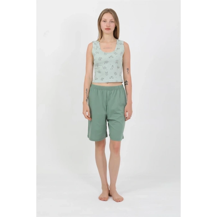 MARSiLYAN- Kadın Kalın Askılı Pamuk Penye Şortlu Crop Takım SuYeşili