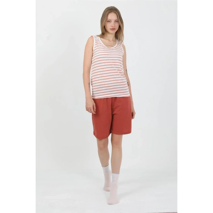 MARSiLYAN- Kadın Kalın Askılı Pamuk Penye Şortlu Takım Turuncu