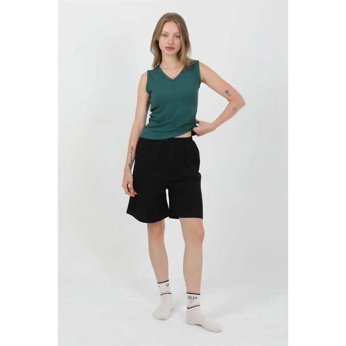 MARSiLYAN- Kadın Kalın Askılı Pamuk Penye Şortlu Takım Yeşil