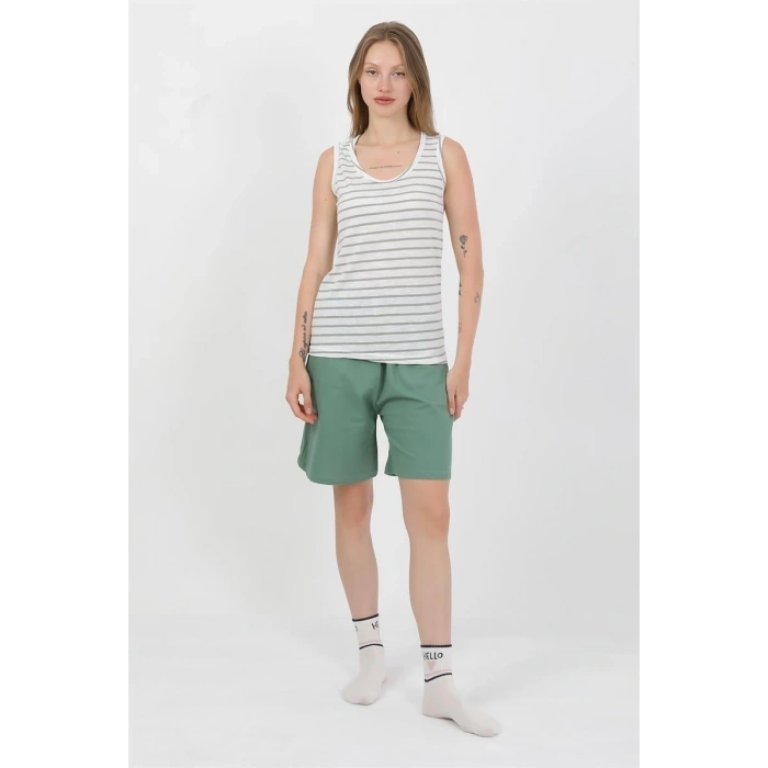 MARSiLYAN- Kadın Kalın Askılı Pamuk Penye Şortlu Takım Yeşil